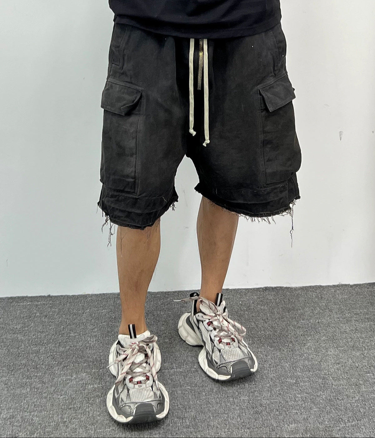 Drawstring Cargo Damage Denim Half Jeans WN25525