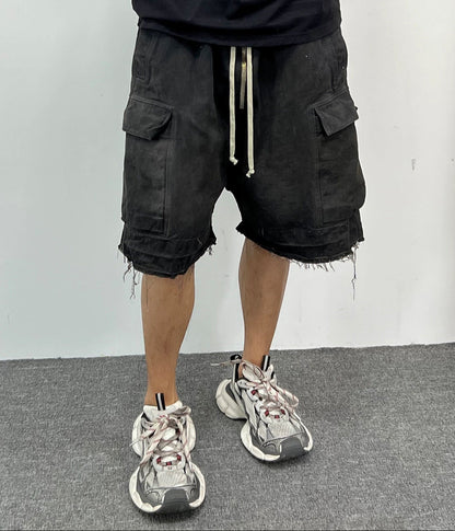 Drawstring Cargo Damage Denim Half Jeans WN25525