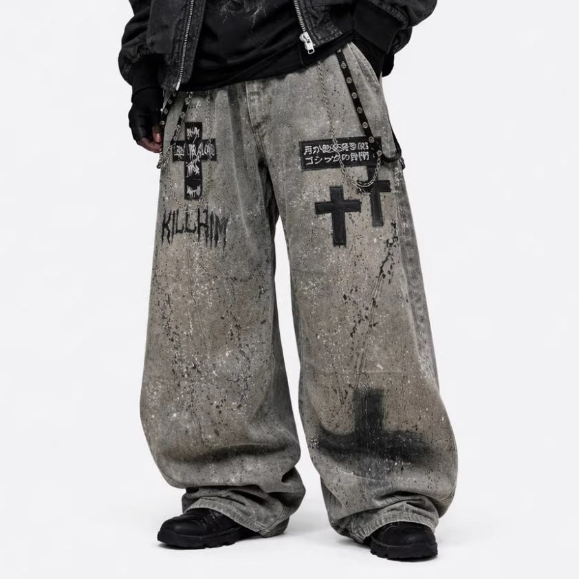 Ink Splash Ripped Detachable Metal Chain Wide Leg Denim Jeans WN27871