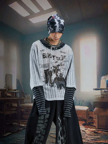 Stripe Print Fake Layered Long Sleeve T-Shirt WN21357