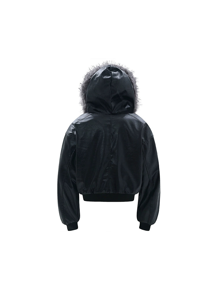 Hooded Matte PU Leather Fake Fur-Collar Jacket WN22220