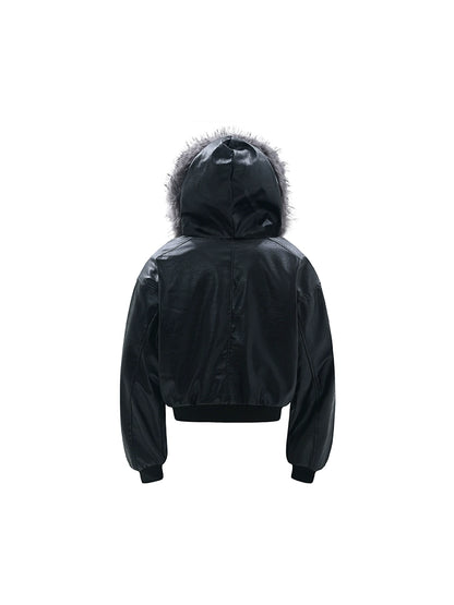 Hooded Matte PU Leather Fake Fur-Collar Jacket WN22220