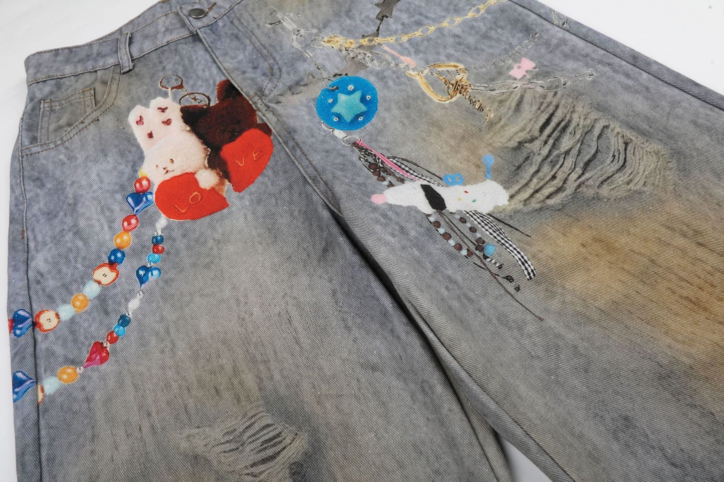 Washed Damage Embroidery Wide Leg Denim Jeans WN25388