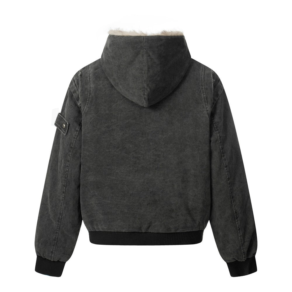 Fake Fur Collar Hooded Washed Canvas Puffer Jacket WN27836