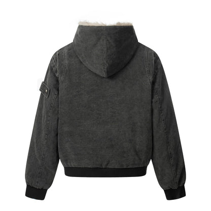 Fake Fur Collar Hooded Washed Canvas Puffer Jacket WN27836