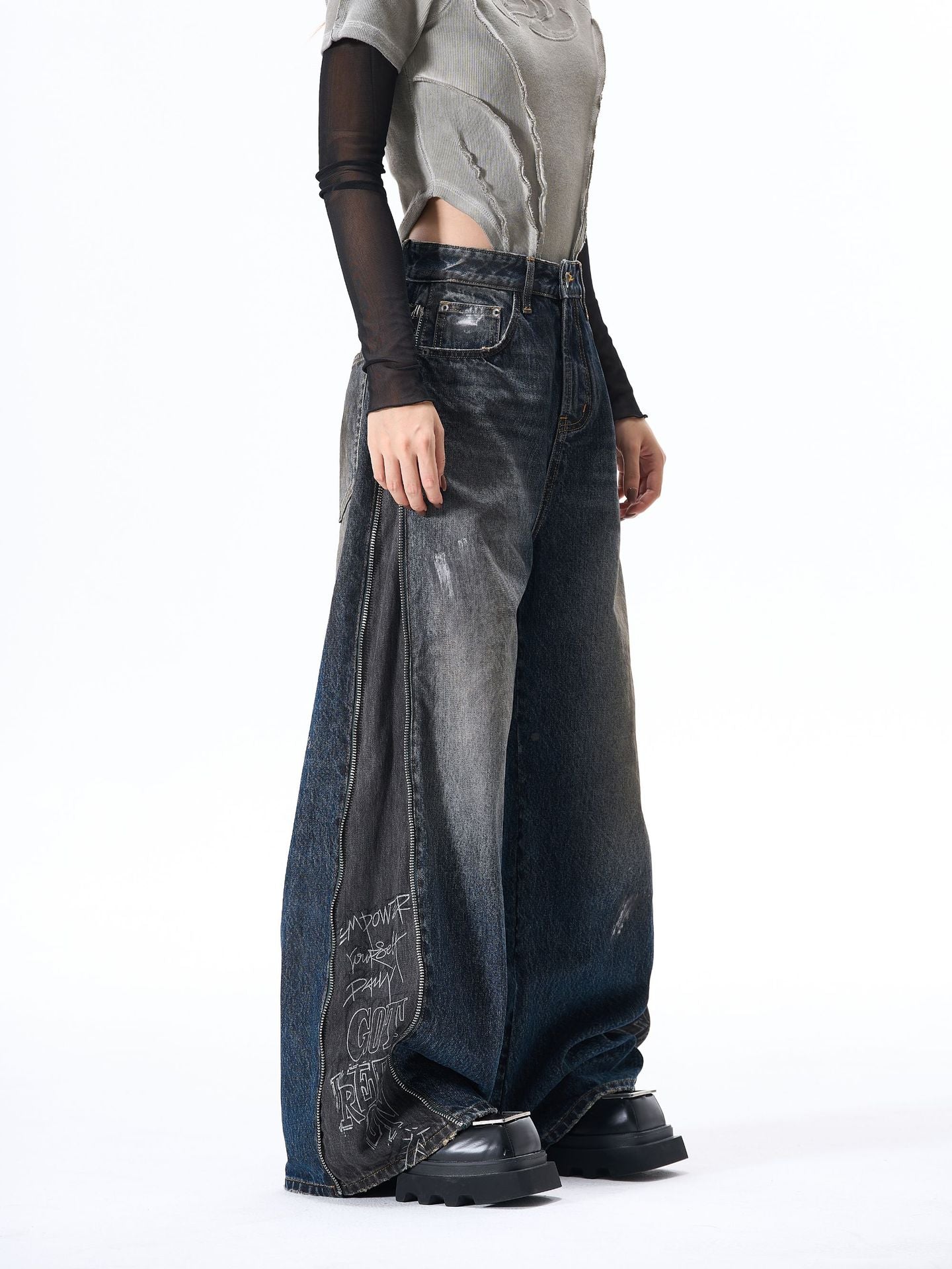 Panel Wash Wide Leg Denim Jeans WN23107