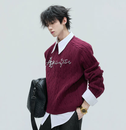 Fake Layered Pearl Embellished Thick Knit Sweater WN21721