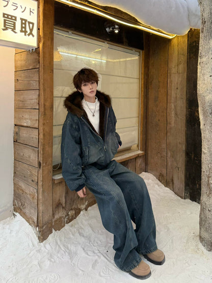 Fake Fur Collar Hooded Denim Jacket & Wide Leg Denim Jeans Setup WN23190