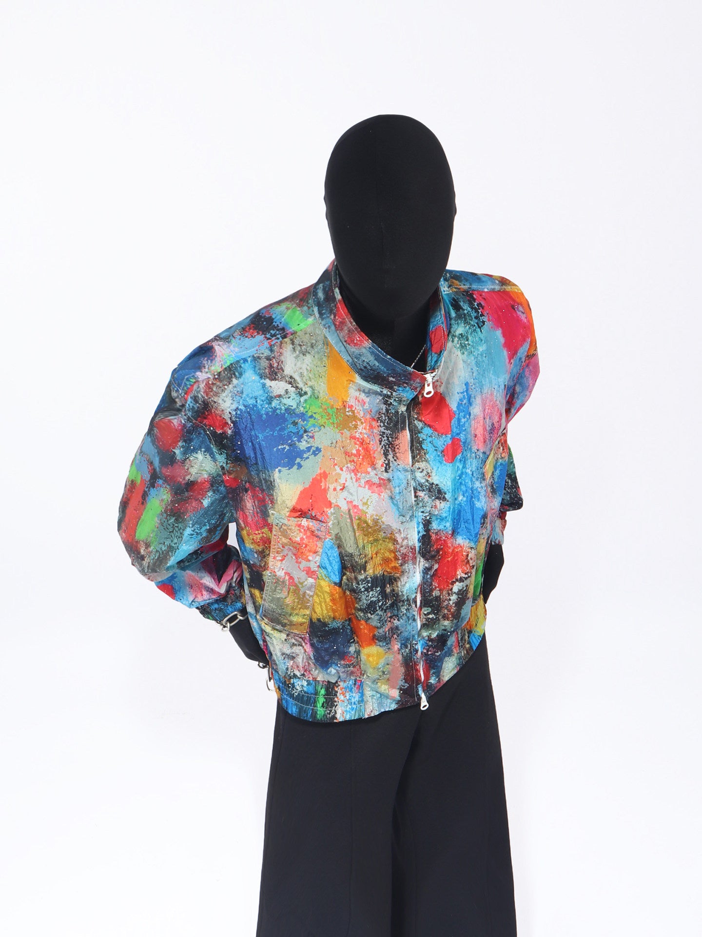 Abstract Paint Standing-Collar Short Jacket WN23717