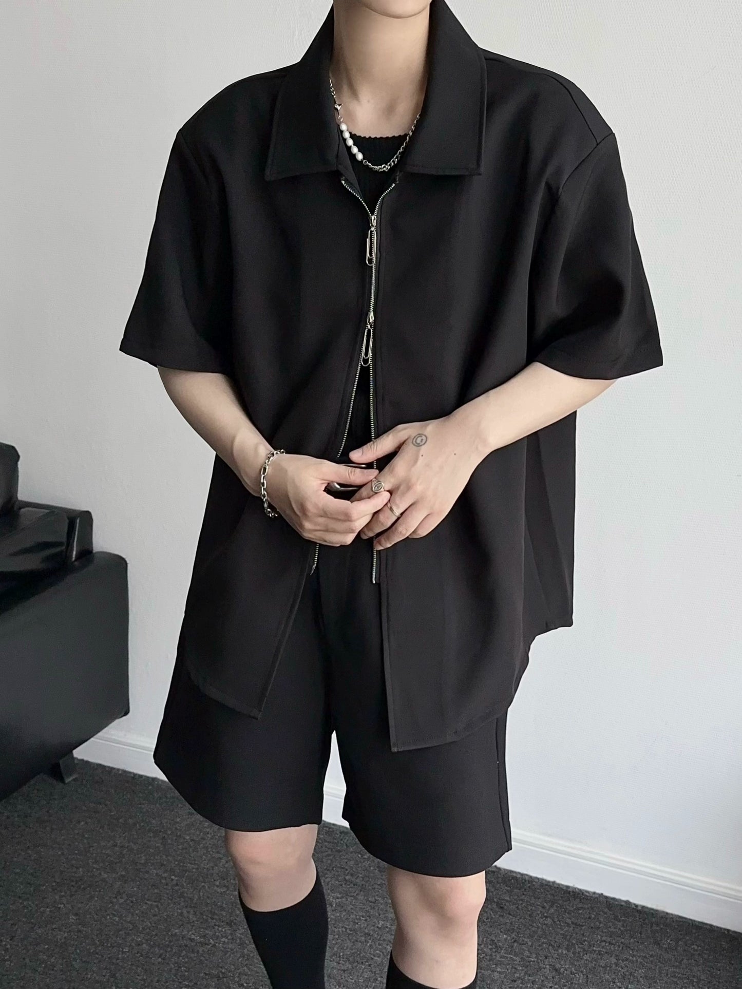 Metal Zipper Oversize Short Sleeve Shirt WN19351