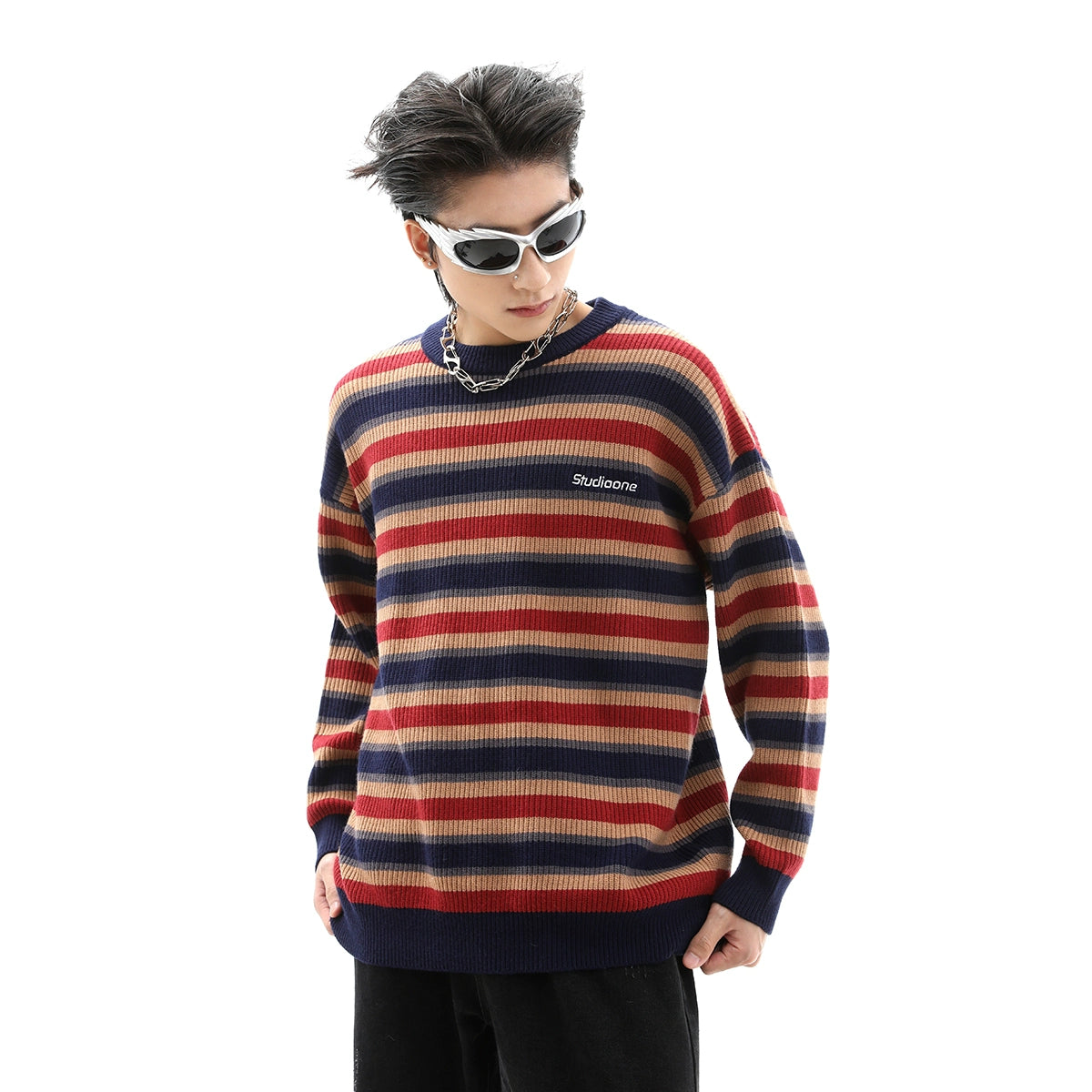 Stripe Round Neck Oversize Knit Sweater WN10302