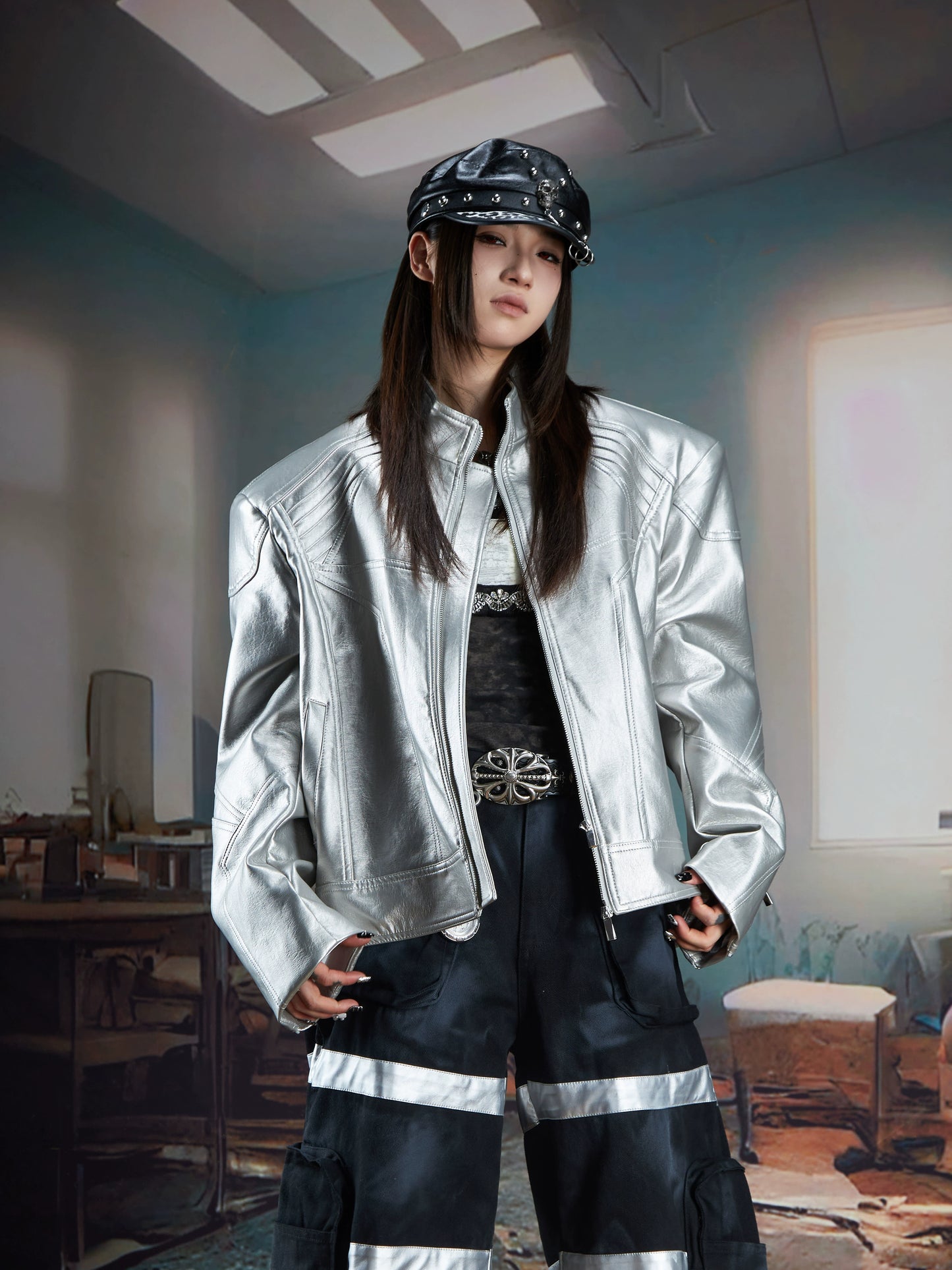 Splicing Stand Neck Zipper PU Leather Jacket WN21339