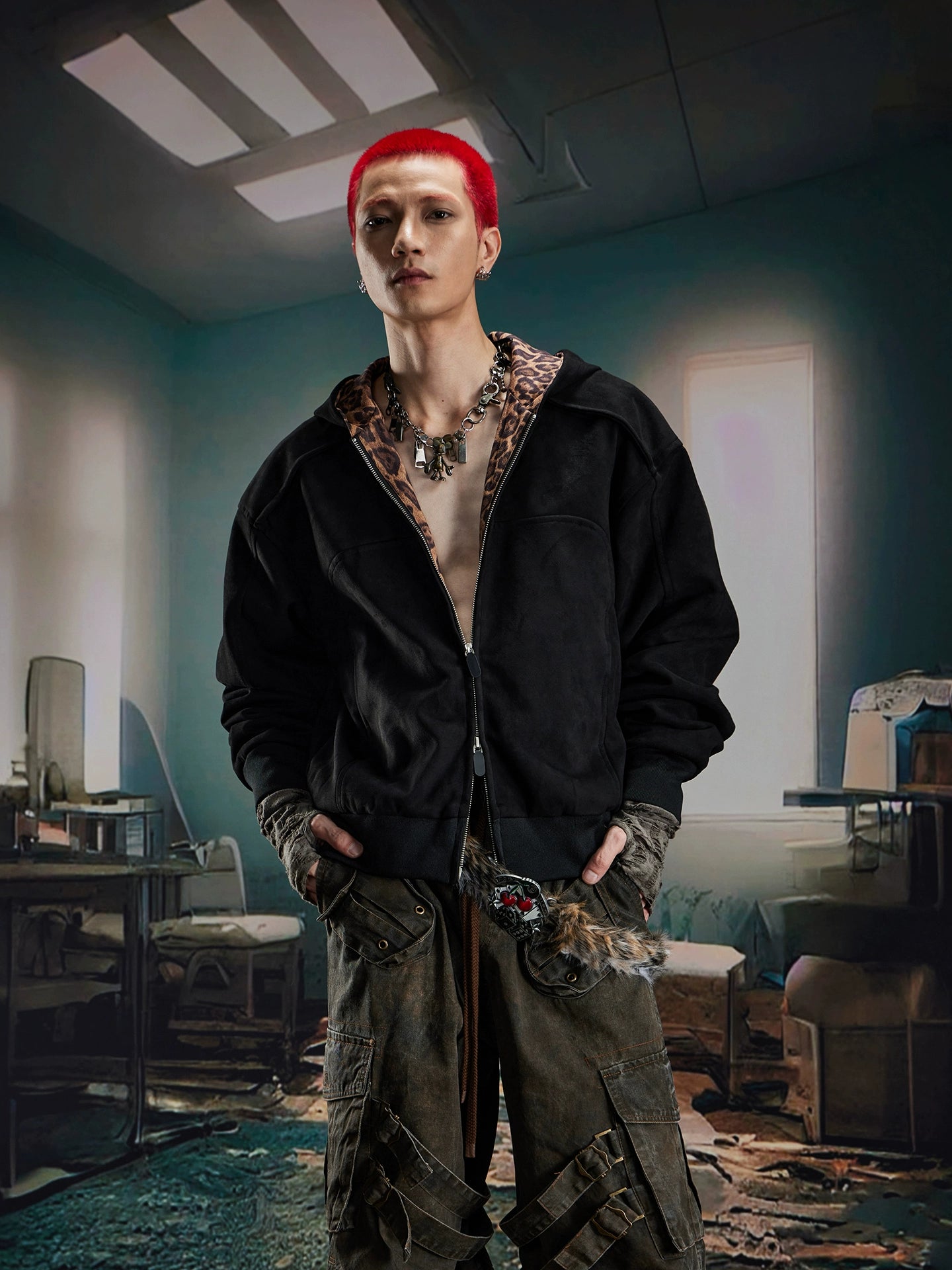 Leopard Print Double Zipper Hoodie WN20570