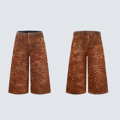 Reptile Print Wide Leg Denim Half Jeans WN28029