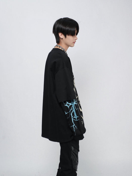 Fake Layered Skull Print Oversize Long Sleeve T-Shirt WN24492