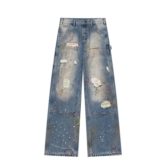 Wide Leg Washed Damage Denim Jeans WN13013