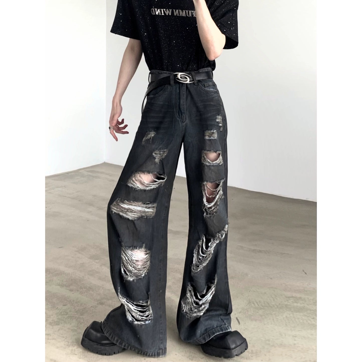 Washed Damage Wide-Leg Straight Denim Jeans WN7054