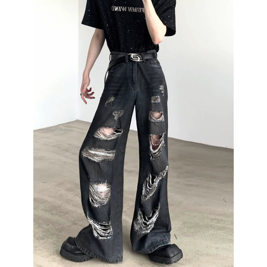 Washed Damage Wide-Leg Straight Denim Jeans WN7054