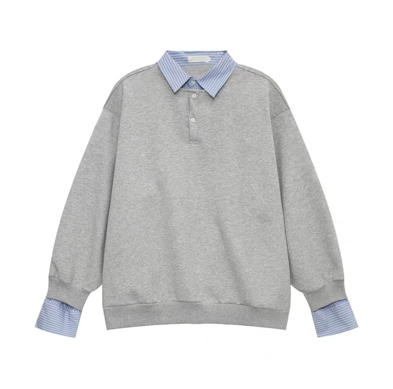 Fake Layered Striped Shirt-Collar Fleece Lining Oversize Long Sleeve T-Shirt WN25251