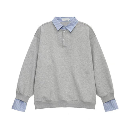 Fake Layered Striped Shirt-Collar Fleece Lining Oversize Long Sleeve T-Shirt WN25251