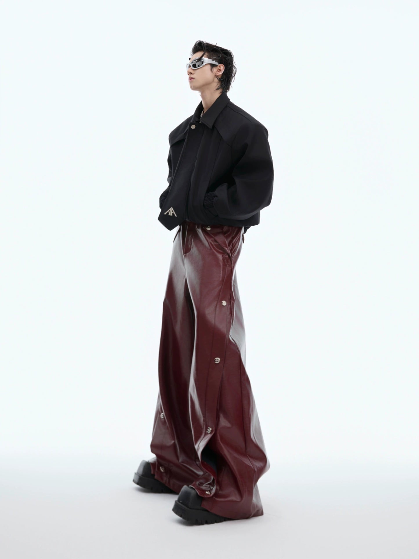 Metal Button Design PU Leather Wide Leg Pants WN8680