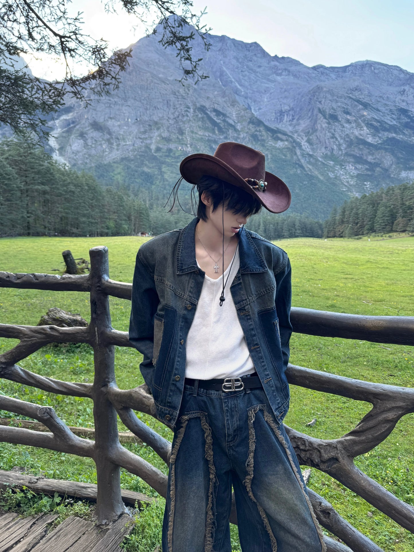 Washed Fringe Denim Jacket & Wide Leg Denim Jeans Setup WN20764