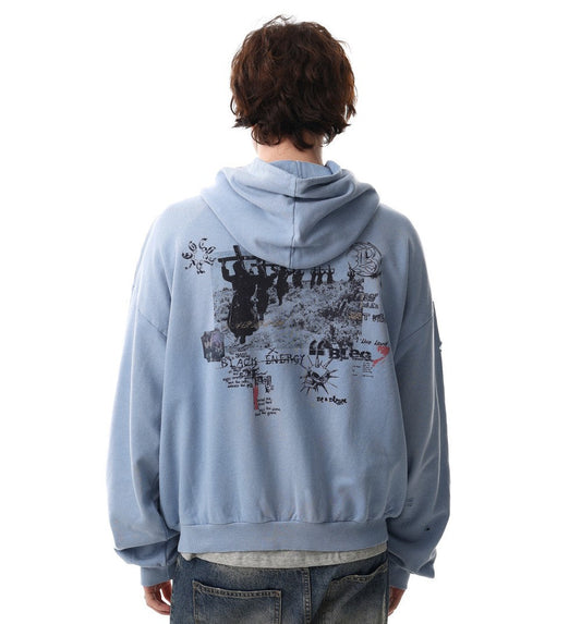 Graffiti Print Washed Damage Zipper Hoodie WN27940