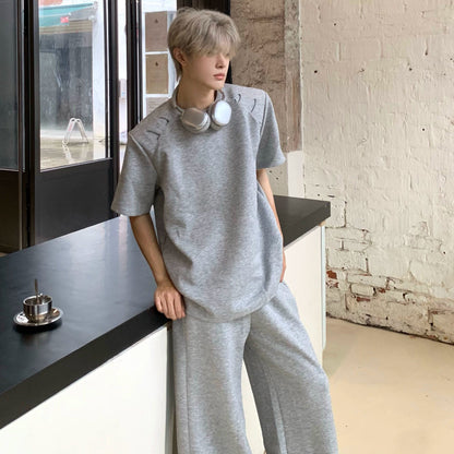 Damage Plain Short Sleeve T-Shirt & Wide Leg Pants Setup WN19729