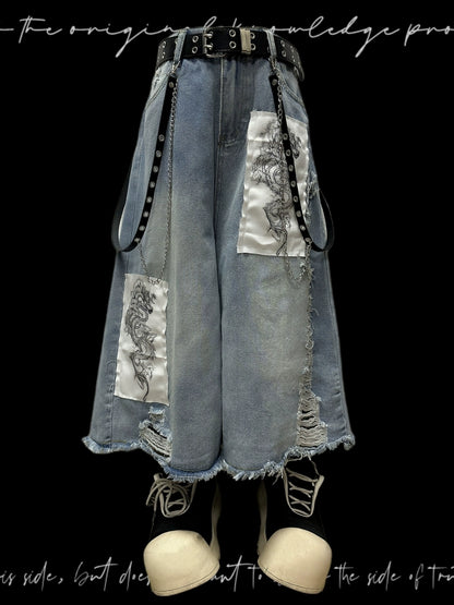 Patchwork Design Wide Leg Denim Half Jeans & Belt & Chain WN20112