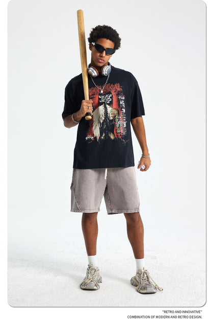 Washed Wax Dye Graphic Print Oversize Short Sleeve T-Shirt WN16250