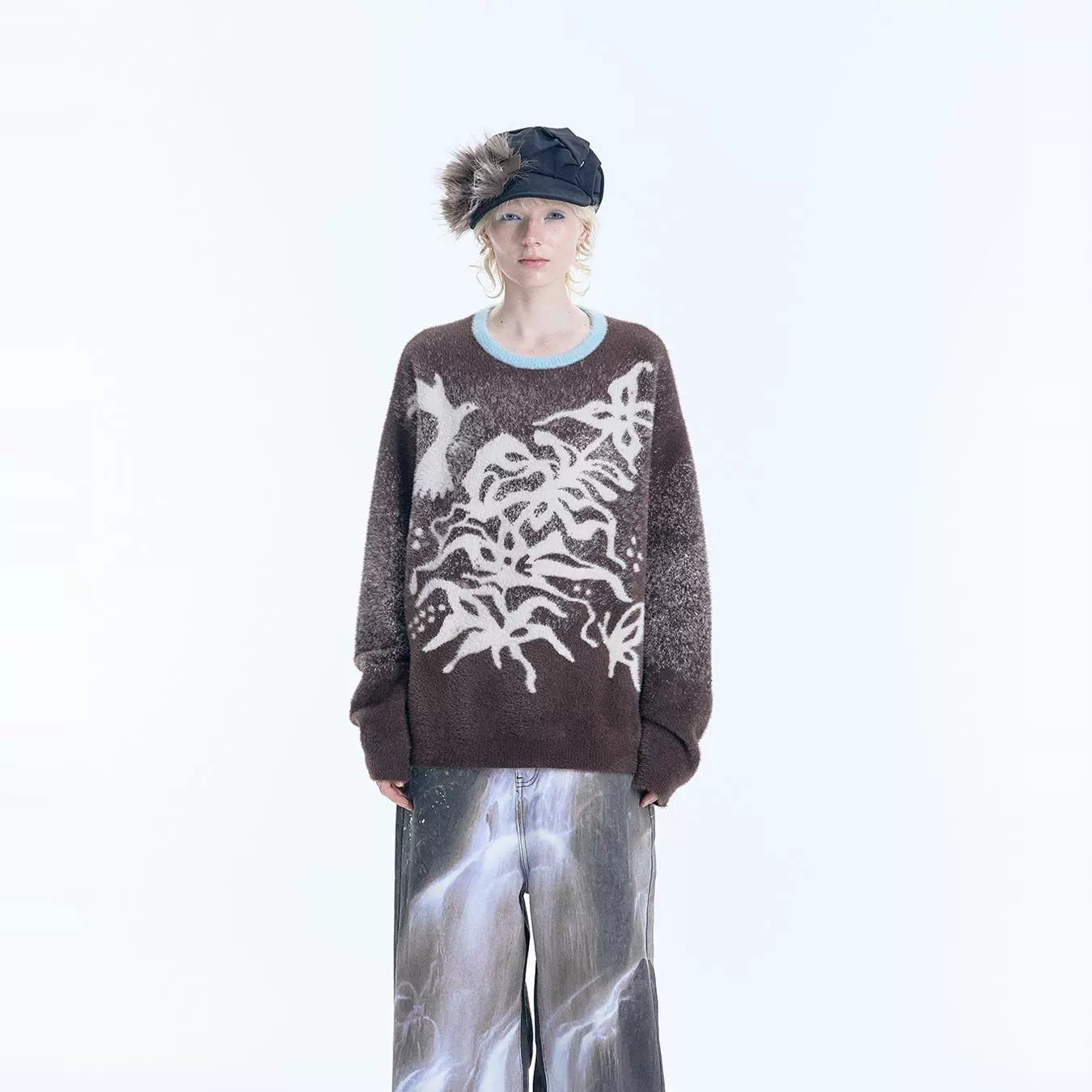 Floral and Bird Design Oversize Knit Sweater WN18984