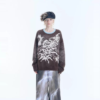 Floral and Bird Design Oversize Knit Sweater WN18984