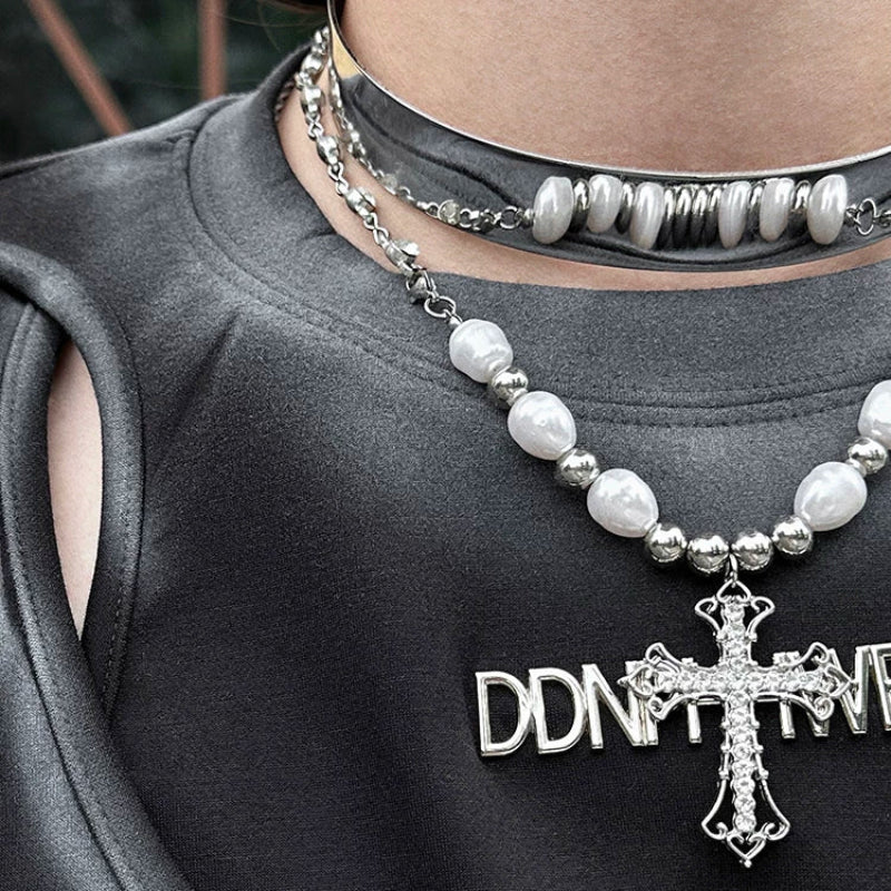 WN25091 Yang Yifan trendy brand necklace, versatile and personalized men's necklace, pendant, hip-hop street fashion, metal pearl cross WN25091