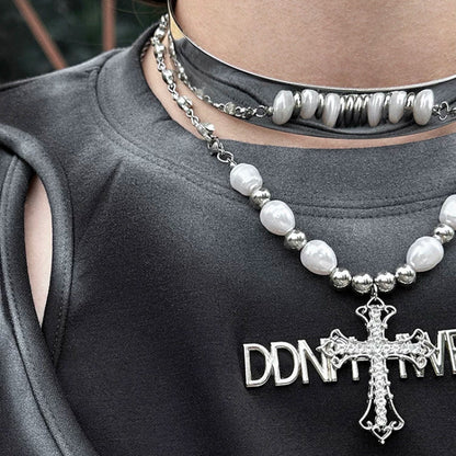 WN25091 Yang Yifan trendy brand necklace, versatile and personalized men's necklace, pendant, hip-hop street fashion, metal pearl cross WN25091