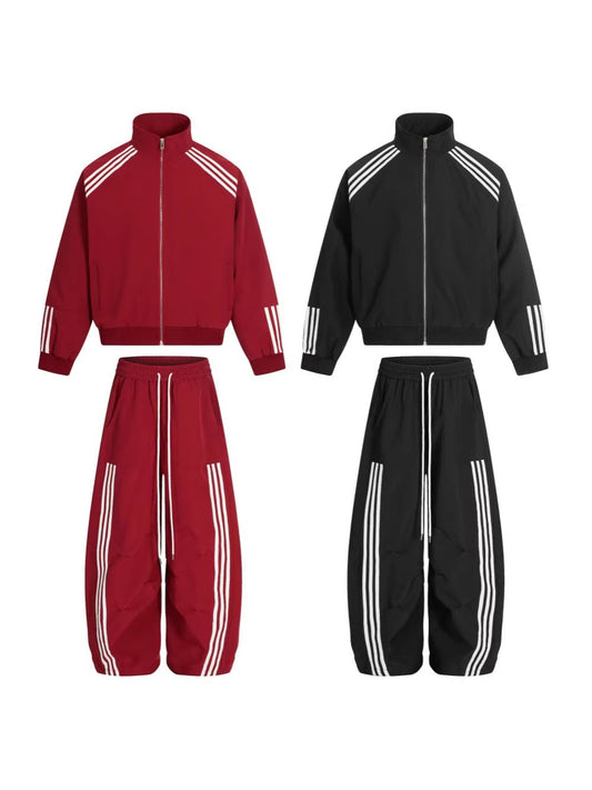Stripe Zipper Jacket & Stripe Wide Leg Pants Setup WN28059