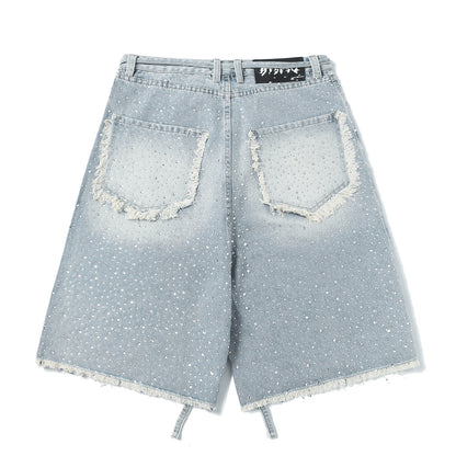 Fringe Rhinestone Wide Leg Half Denim Pants WN25612
