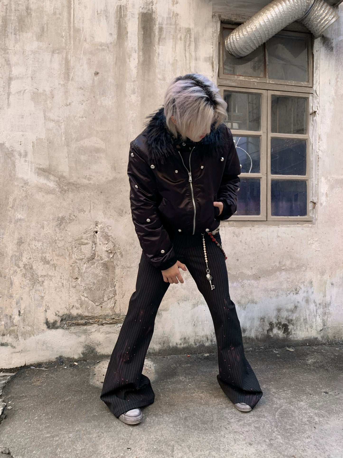 Fake Fur-Collar Rivet Zipper Bomber Jacket WN22206