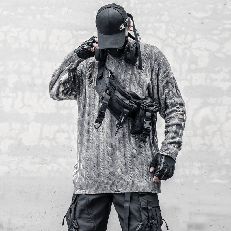 Hooded Oversize Damage Tassel Cable Knit Sweater WN22423