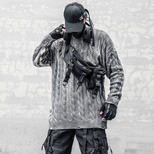 Hooded Oversize Damage Tassel Cable Knit Sweater WN22423