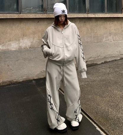 Thorn Print Zipper Hoodie & Thorn Print Wide Leg Sweatpants Setup WN25656