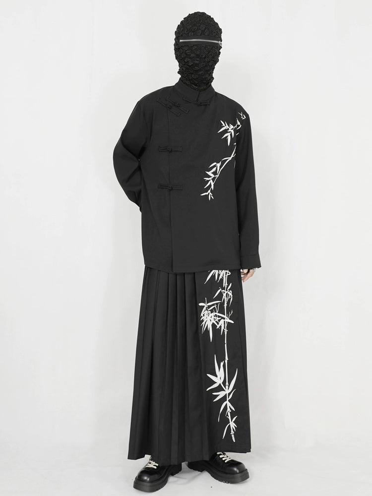 Standing-Collar Frog Button Bamboo Embroidery Long Sleeve Shirt WN20157