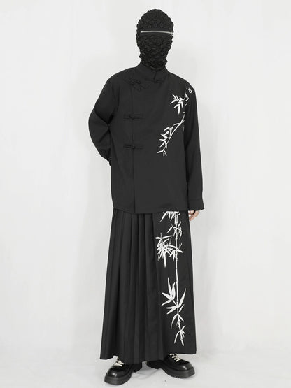 Standing-Collar Frog Button Bamboo Embroidery Long Sleeve Shirt WN20157