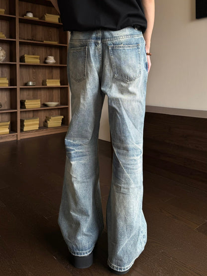 Washed Lightning Pattern Wide Leg Denim Jeans WN23159