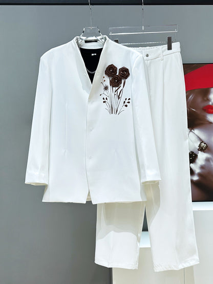 3D Rose Embroidery Tailored Jacket & Wide Leg Trousers Setup WN23875