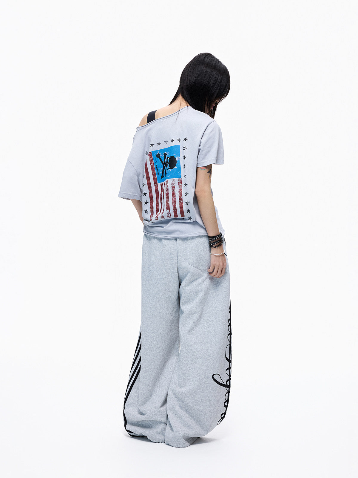 Skull Print Off-Shoulder Fake Layered Short Sleeve T-Shirt WN27279