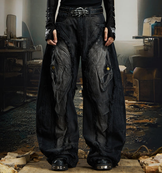 Deconstruction Raw Edge Wide Leg Curved Leg Denim Jeans WN22779