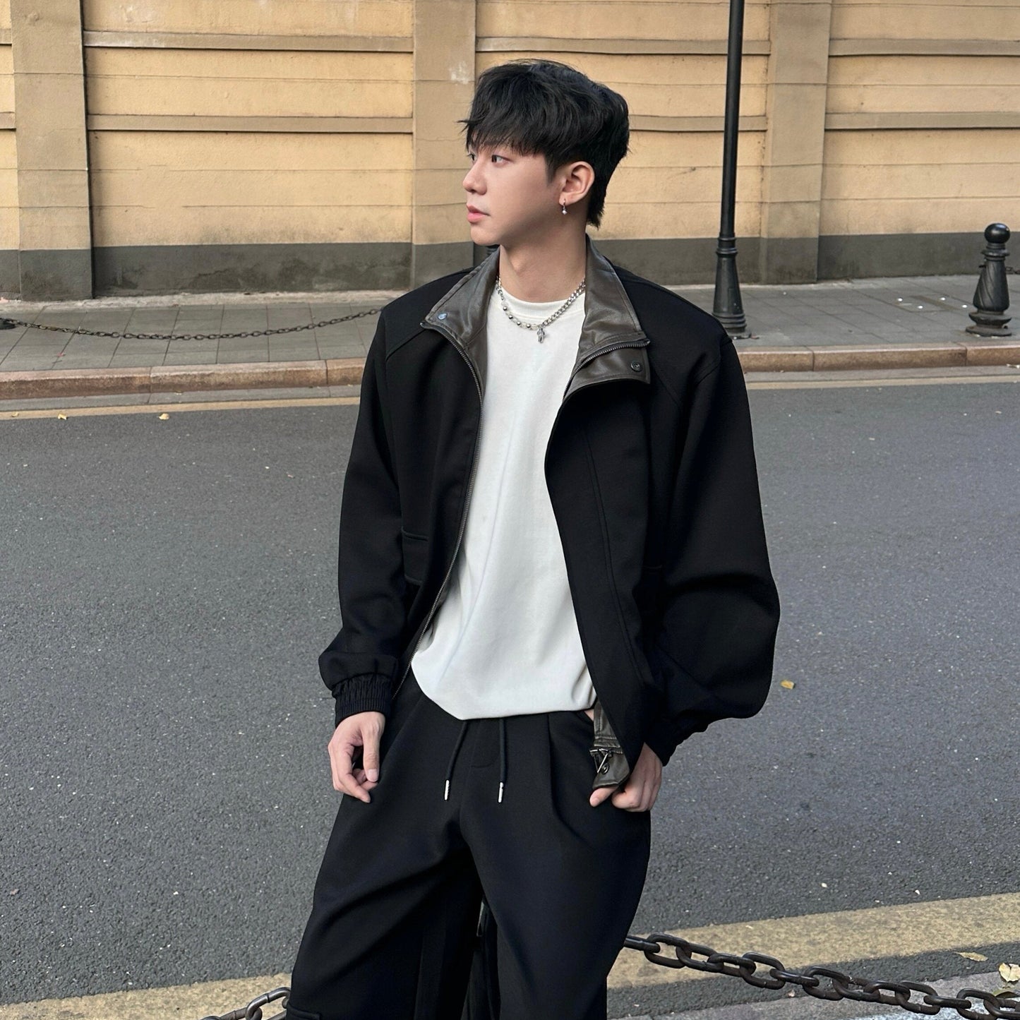 Air Layer Cotton Shoulder-pad PU Leather Patch Jacket & Air Layer Cotton Wide Leg Cargo Sweatpants Setup WN25244