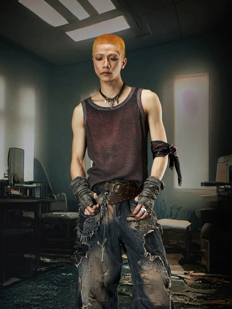 Embroidery Design Washed Dyed Sleeveless T-Shirt WN18436