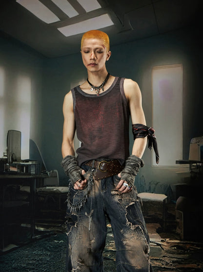 Embroidery Design Washed Dyed Sleeveless T-Shirt WN18436