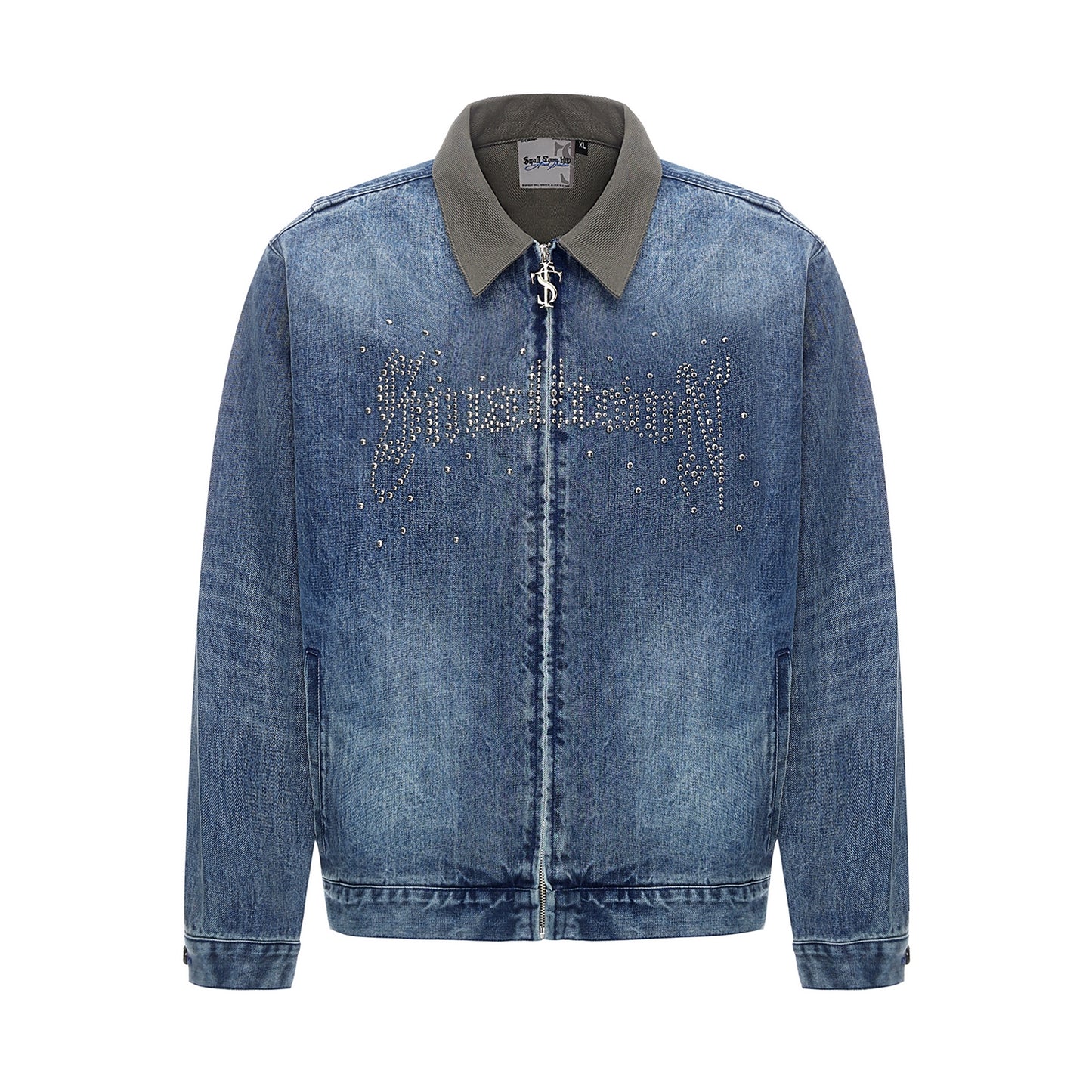 Patchwork Collar Washed Rivet Denim Jacket WN11934